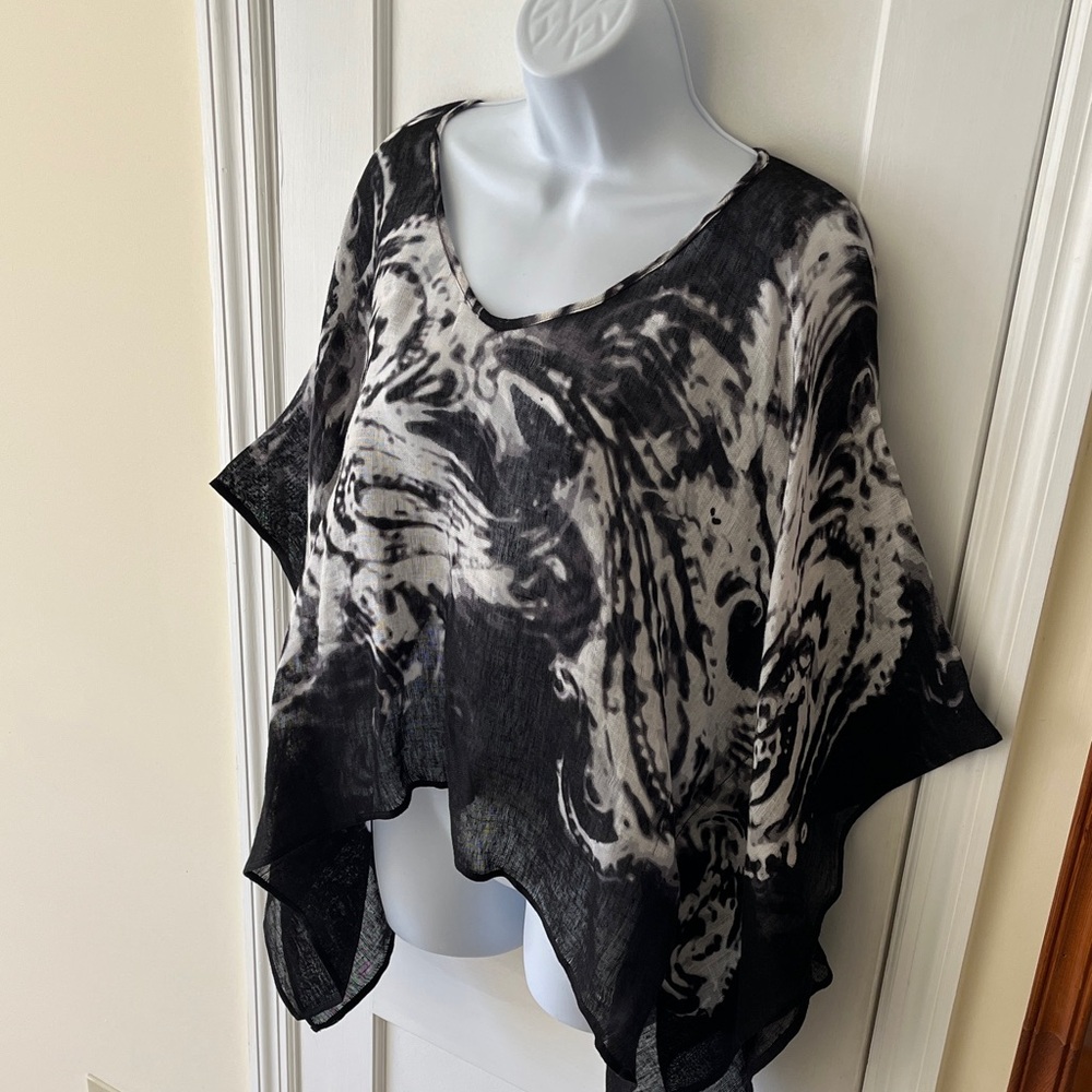 Chico's Linen V- Neck Marble Sheer Poncho Caftan Black White Women's L/XL Layer
